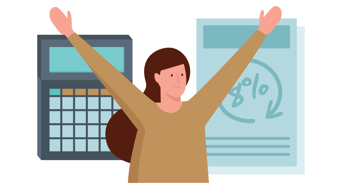 vrouw juicht terwijl ze voor een calculator staat