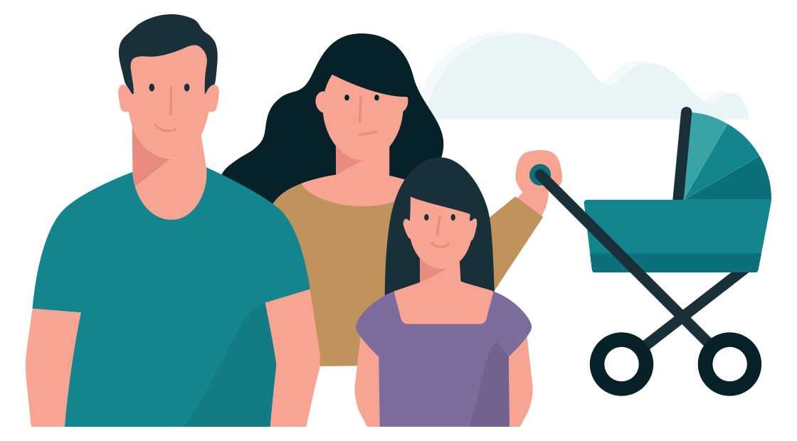 ouders staan met hun dochter naast een kinderwagen