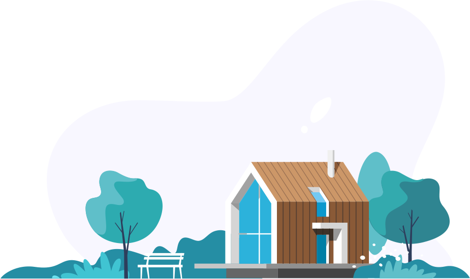 een bungalow met een wit bankje ervoor