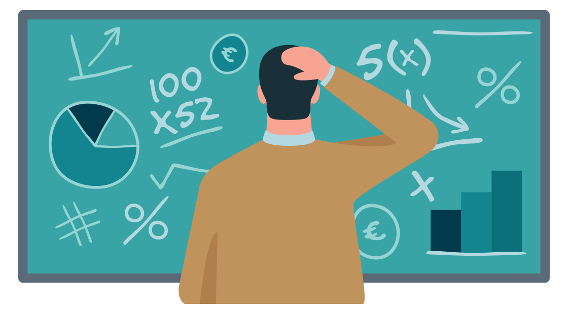 man kijkt naar schoolbord met grafieken