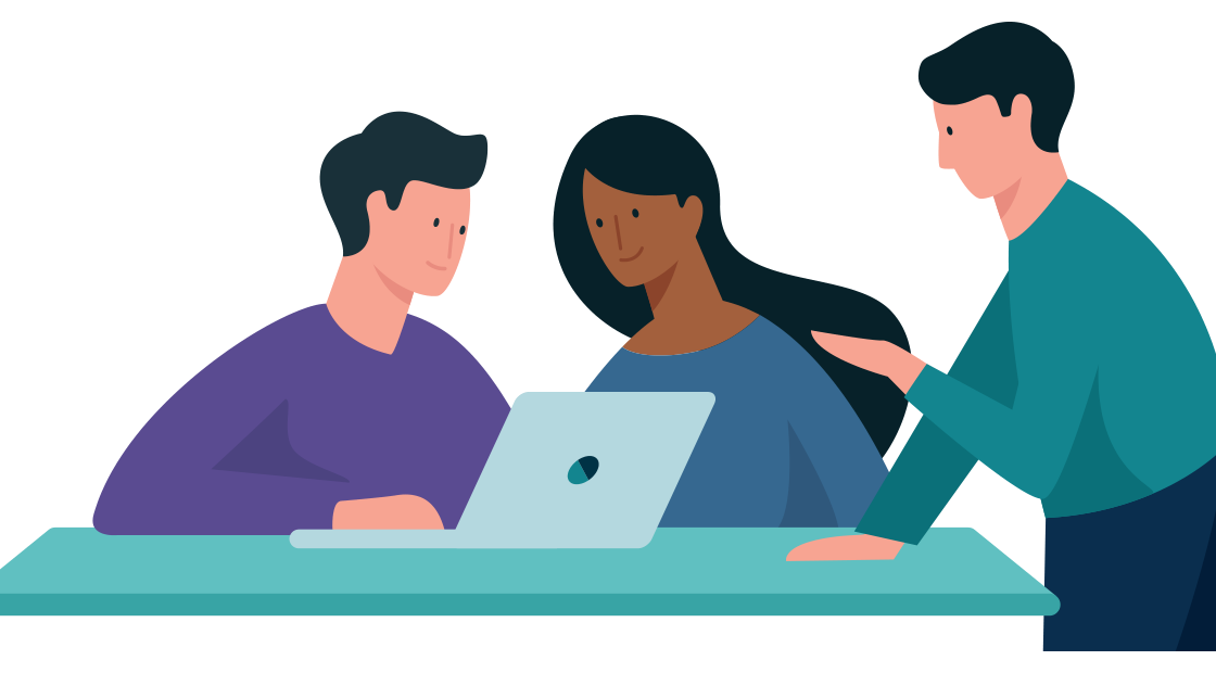 Drie mensen werken samen achter een laptop tijdens een vergadering