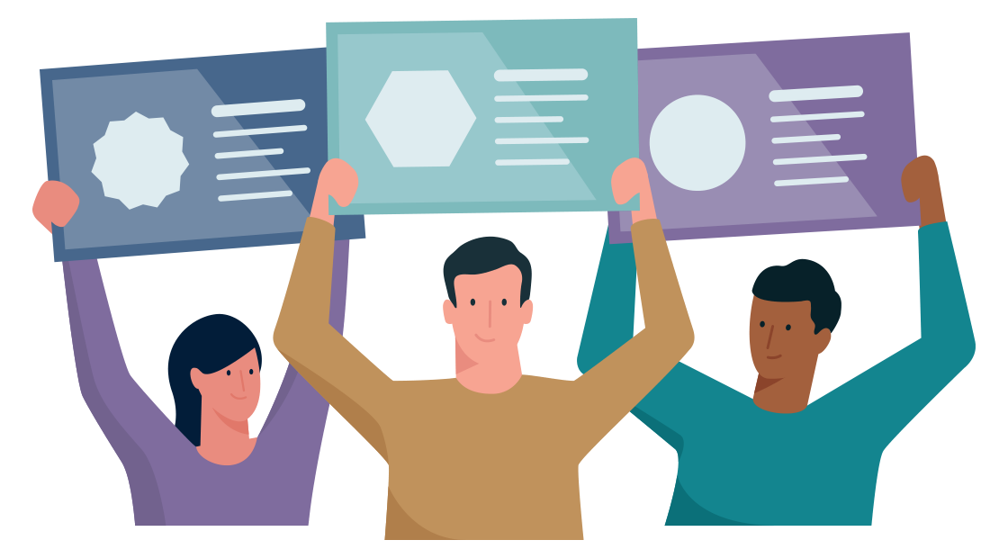Drie mensen houden een bord omhoog met verschillende certificaten