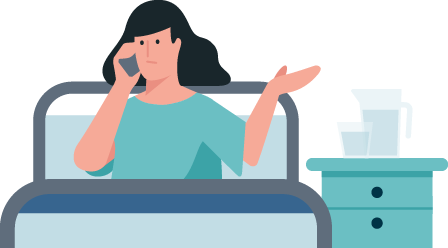 vrouw ligt in een ziekenhuis bed met een mobiele telefoon aan haar oor