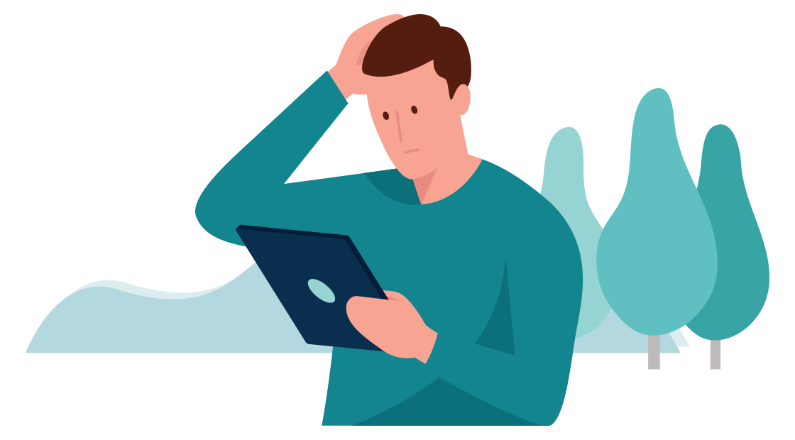 man kijkt vertwijfeld naar zijn tablet