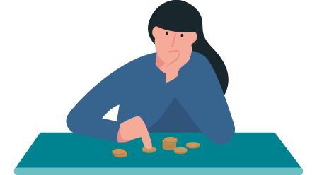vrouw zit aan tafel munt geld te tellen