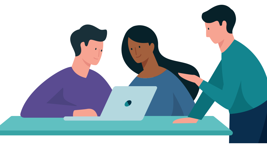 Drie mensen werken samen achter een laptop tijdens een vergadering