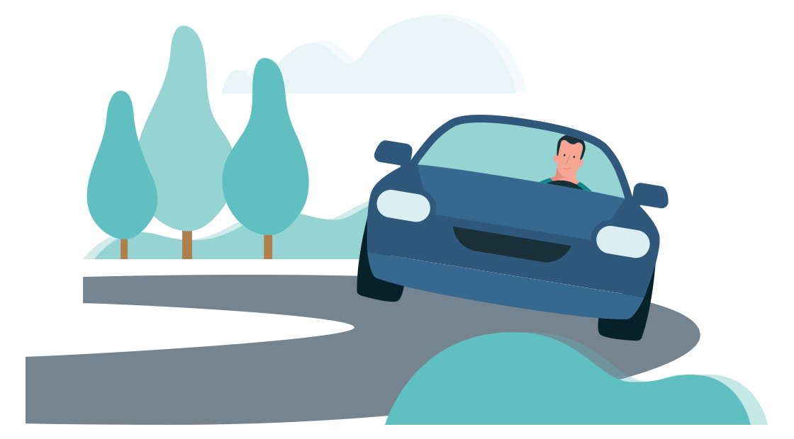 man in een auto rijdt door een bocht