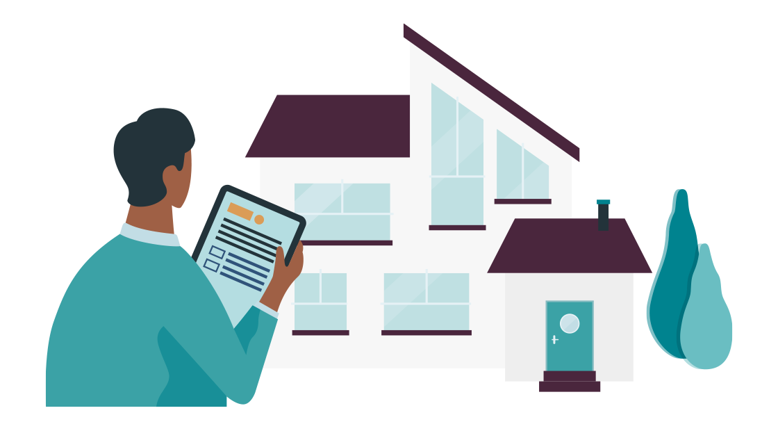 een adviseur staat voor een huis met een checklist
